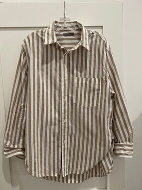 Citizens Of Humanity Havana Stripe Button Up Shirt in tan and white. Size Medium